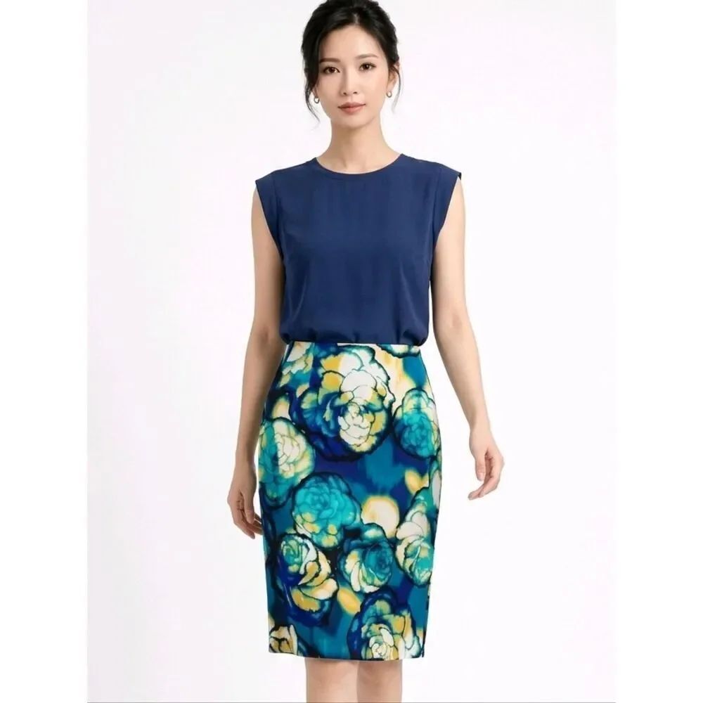 Worthington Julia Teal Floral Patterned Side Zip Pencil Skirt Size 8